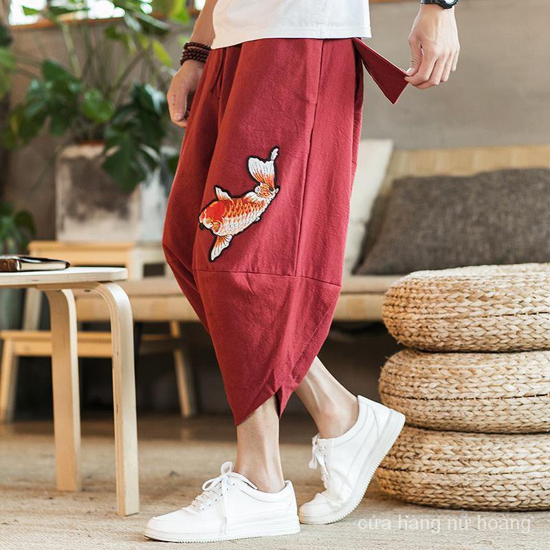 Quần Short Vải Lanh Mỏng Ống Rộng Phong Cách Trung Hoa Cho Nam
