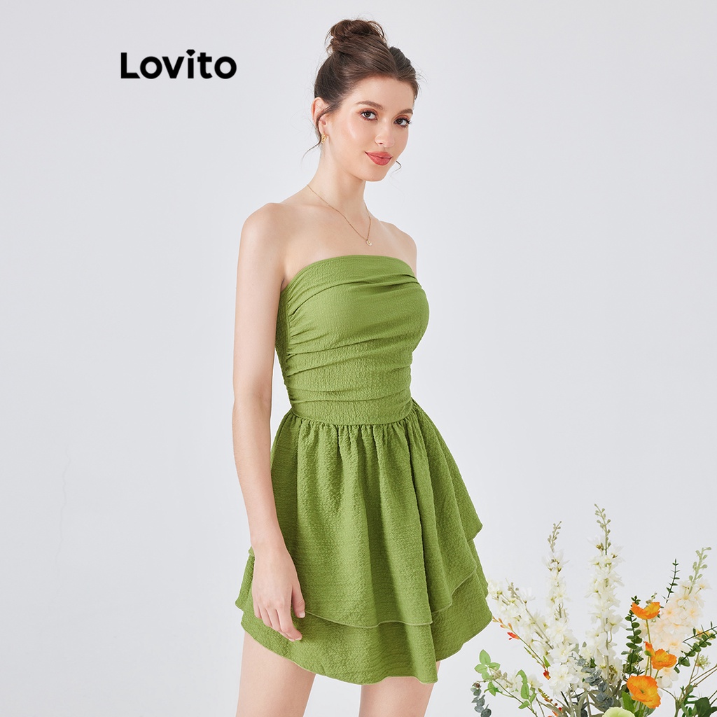 Đầm Lovito phong cách thường ngày màu trơn xếp nếp dành cho nữ L54ED136