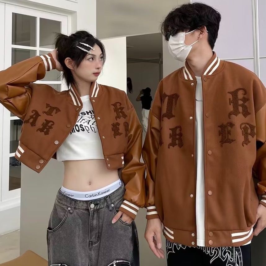Áo khoác cặp Áo Khoác Bóng Chày Bằng Da Thêu Chữ Phong Cách Retro Mỹ