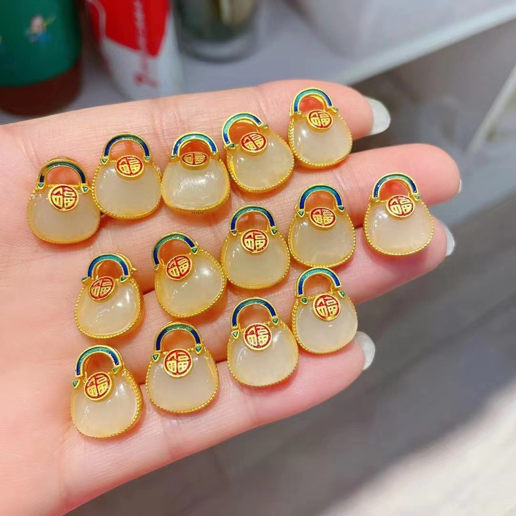 Mặt Dây Chuyền Hình Túi May Mắn Bằng Đá Ngọc Bích Màu Vàng Sang Trọng diy