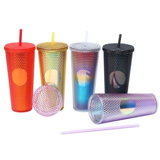 Cốc uống nước vân kim cương 2 lớp kèm ống hút tiện dụng, Ly uống nước đẹp sang trọng