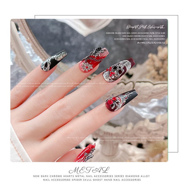 Trang trí nghệ thuật móng tay hình đầu lâu nhện theo phong cách tối / Súng kim loại trang trí móng tay rắn đen