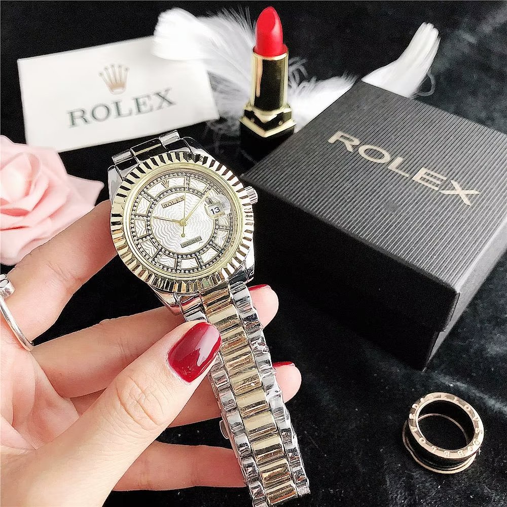 Đồng Hồ Rolex Mặt Tròn Đính Kim Cương Dây Da Thép Không Gỉ Thời Trang Cho Cặp Đôi