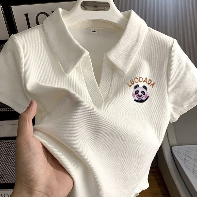 Nữ ngắn tay t-shirt 2023 mùa hè tinh khiết cotton polo cổ phong cách ngắn độc đáo nhỏ cay cô gái top ins