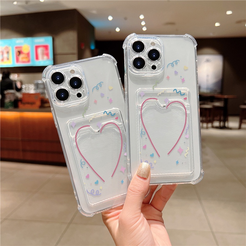 Love heart card holder vỏ điện thoại cho iphone 11 12 13 14 pro max x xs xr xs max 7 8 plus se 2020 2022 vỏ silicon tpu trong suốt vỏ điện thoại mềm bumper wallt shell