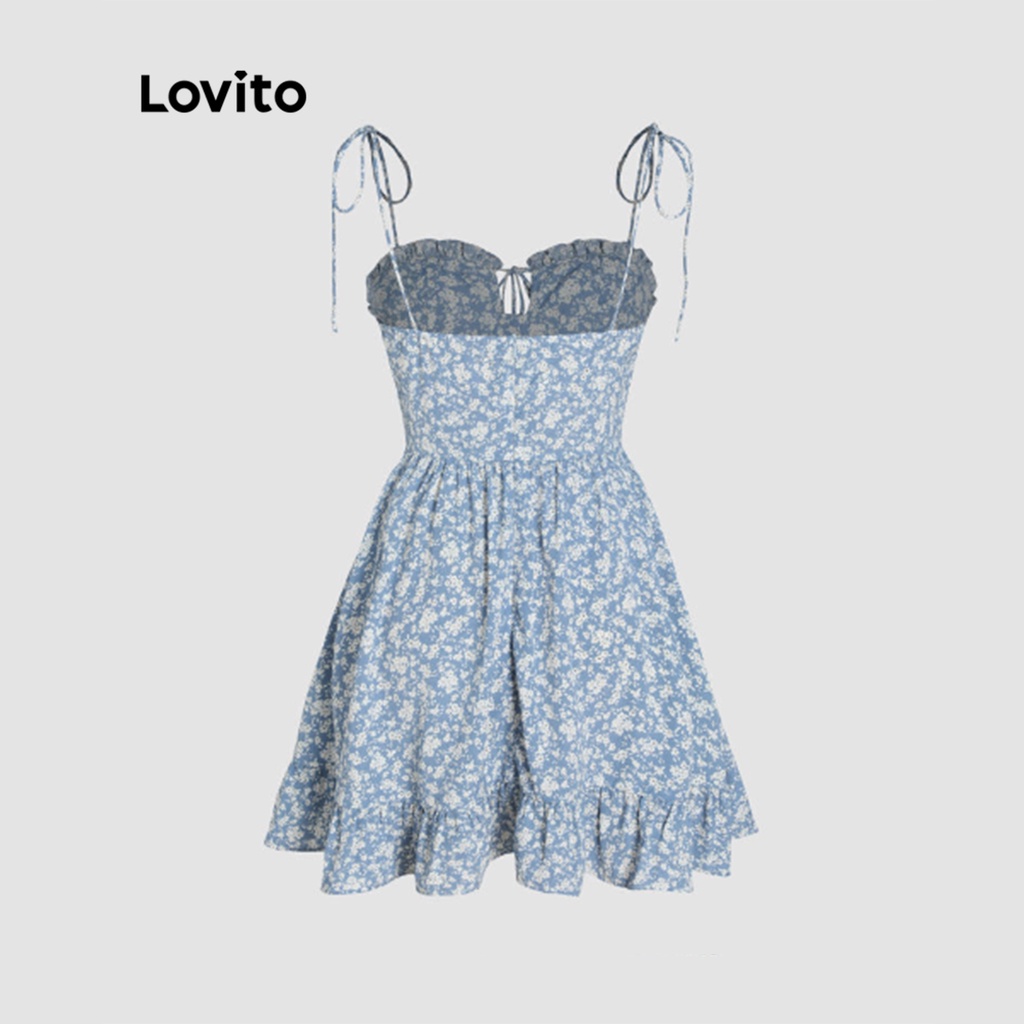 Đầm LOVITO viền xếp nếp nhún bèo đường kết cấu buộc dây họa tiết hoa nhí thường ngày cho nữ L55AD107