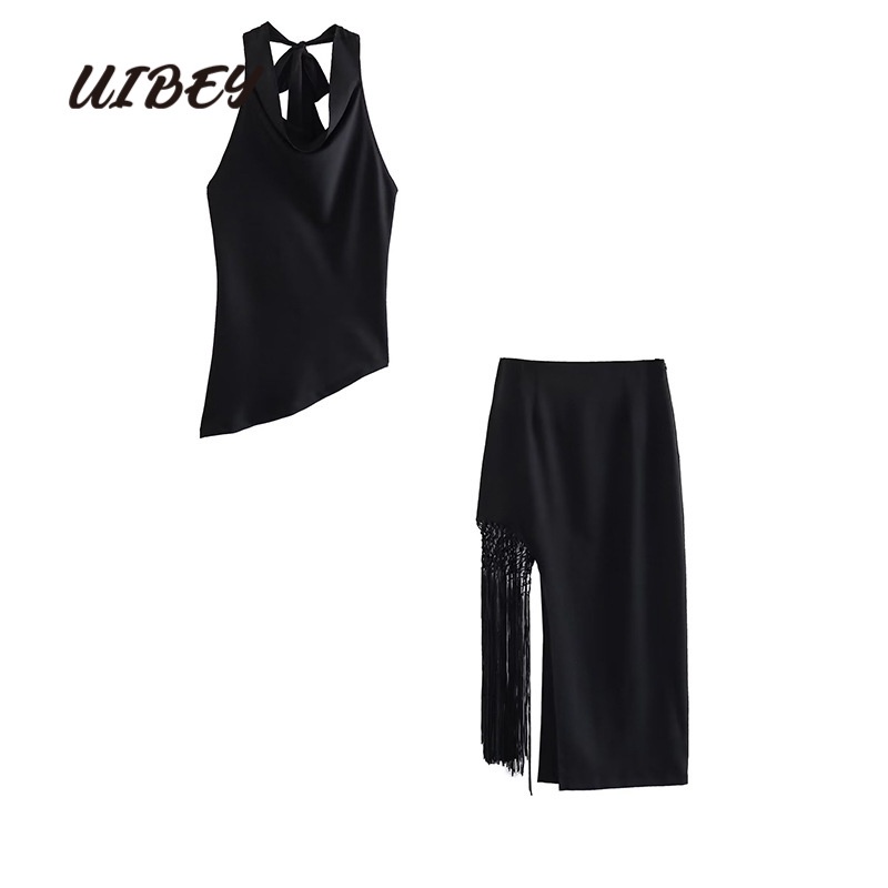 Uibey fashion halter top không đều đặn + váy nửa dài tua rua 8492