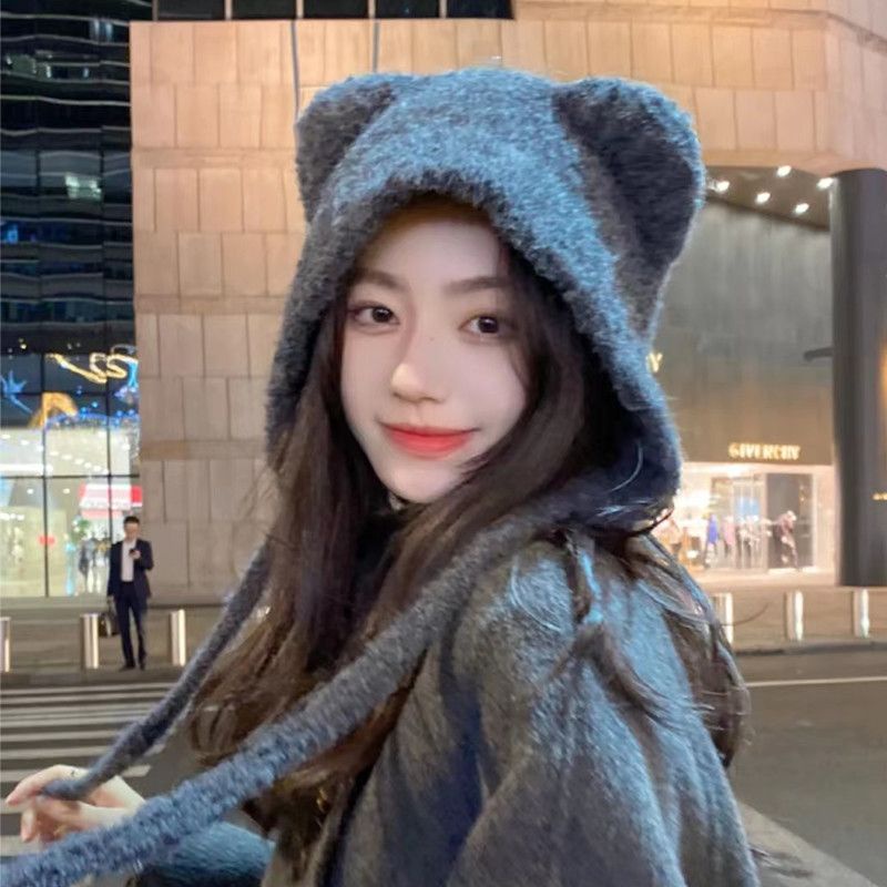 Mũ Len Dệt Kim Đính Tai Gấu Nhỏ Dễ Thương Giữ Ấm Mùa Đông Cho Nữ