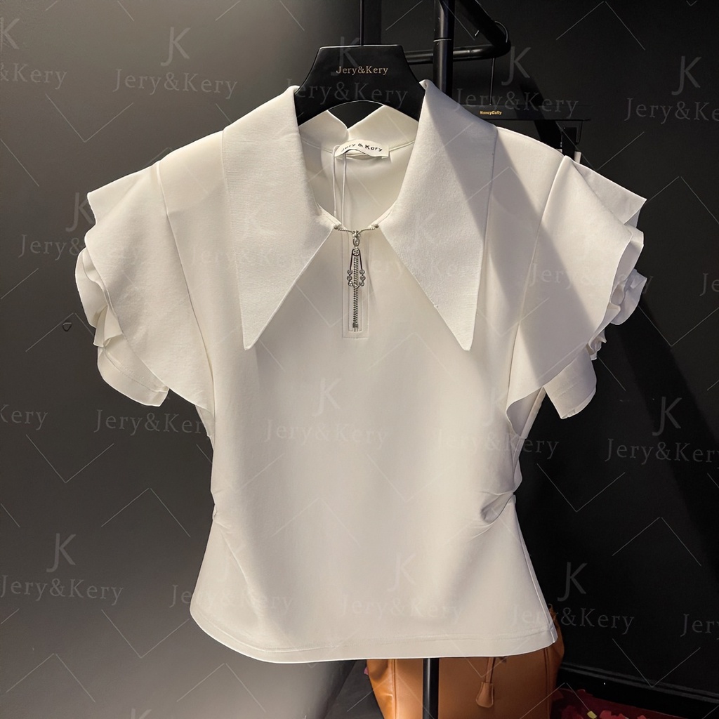 White polo collar genuine shoulder ladies t-shirt short-sleeved summer 2023 new style fashion niche slimmer look all-ma