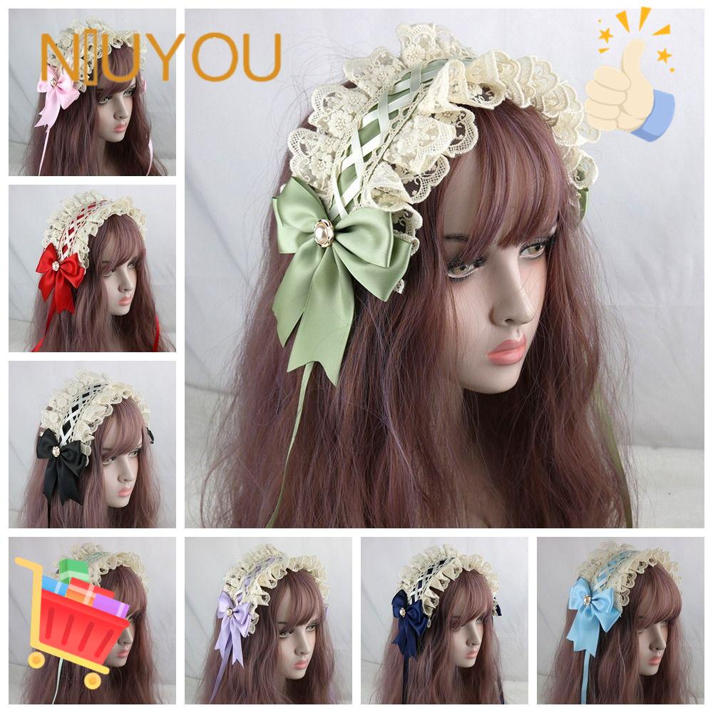 Phụ kiện tóc niuyou, băng đô nơ ruy băng đa năng, cô gái đội đầu lolita ren mềm nhiều màu