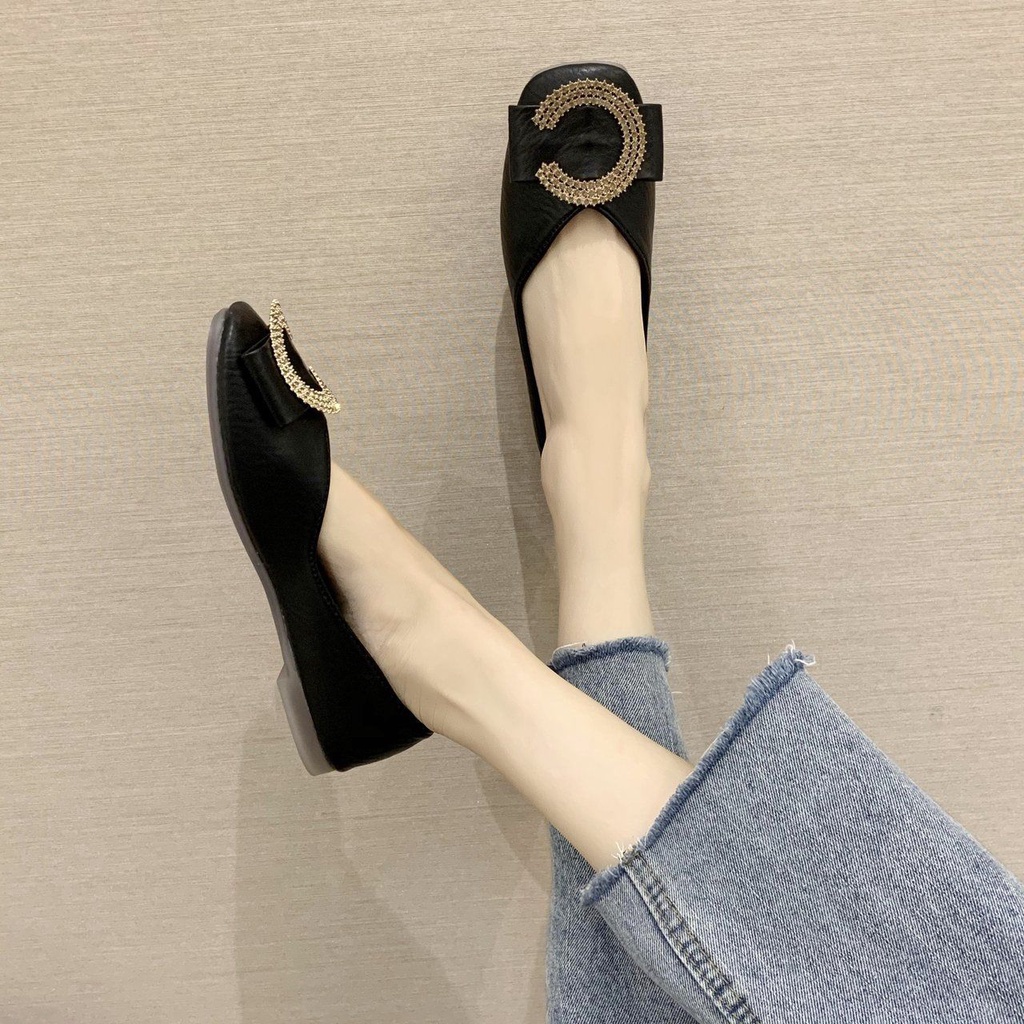 Giày Búp Bê Đế Mềm Mũi Vuông Đính Đá Thời Trang Mùa Xuân Cho Nữ