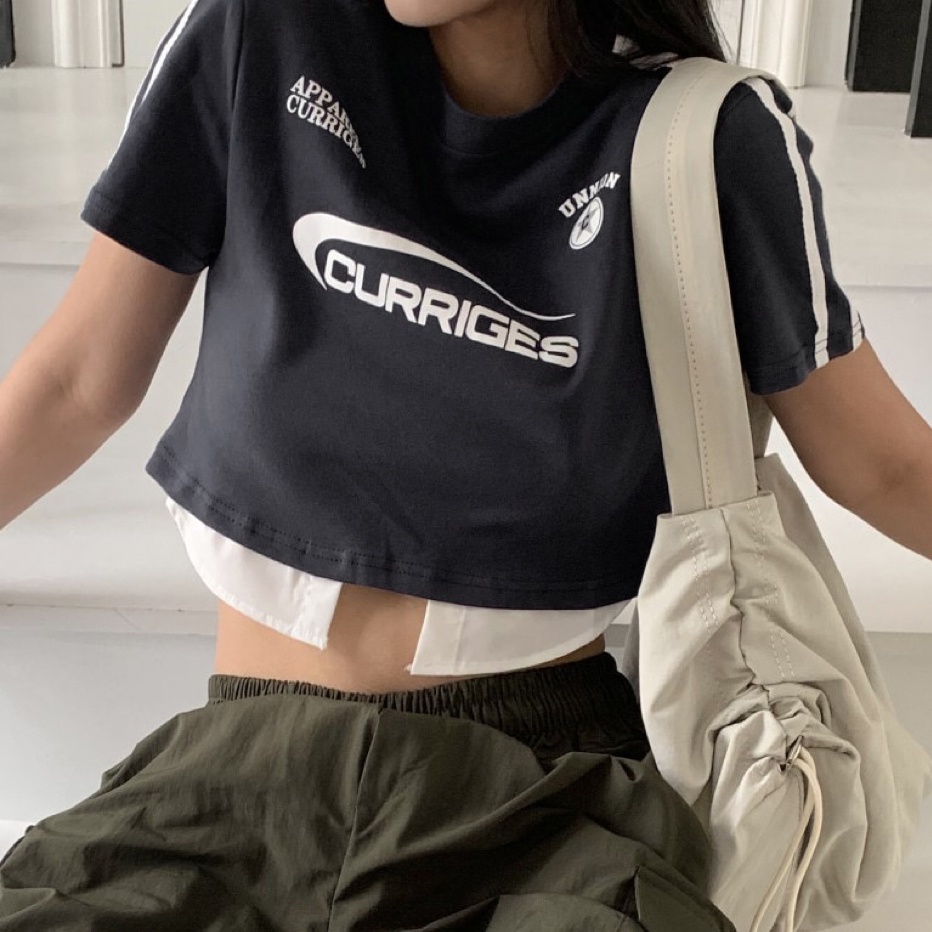 Áo thun croptop BH chất cotton tay ngắn phối màu in hình vintage kiểu Mỹ cho nữ