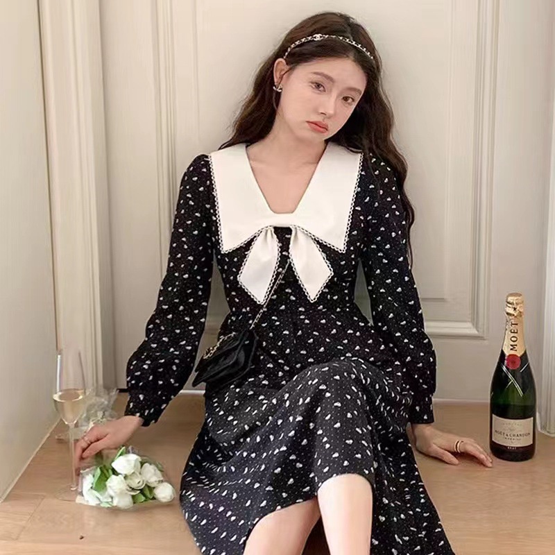 Đầm tay dài thắt nơ chấm bi đen thời trang Pháp retro mùa thu cho nữ