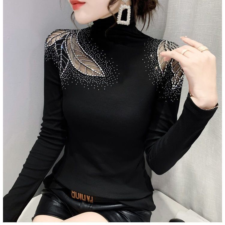 Áo Thun Tay Dài Cổ Cao Phối Ren Đính Đá Thời Trang Xuân Thu Quyến Rũ Cho Nữ
