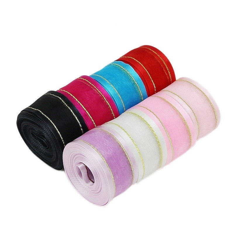(9m / Cuộn) 25mm rộng viền vàng organza ruy băng trang trí váy cưới quà tặng bao bì ruy băng