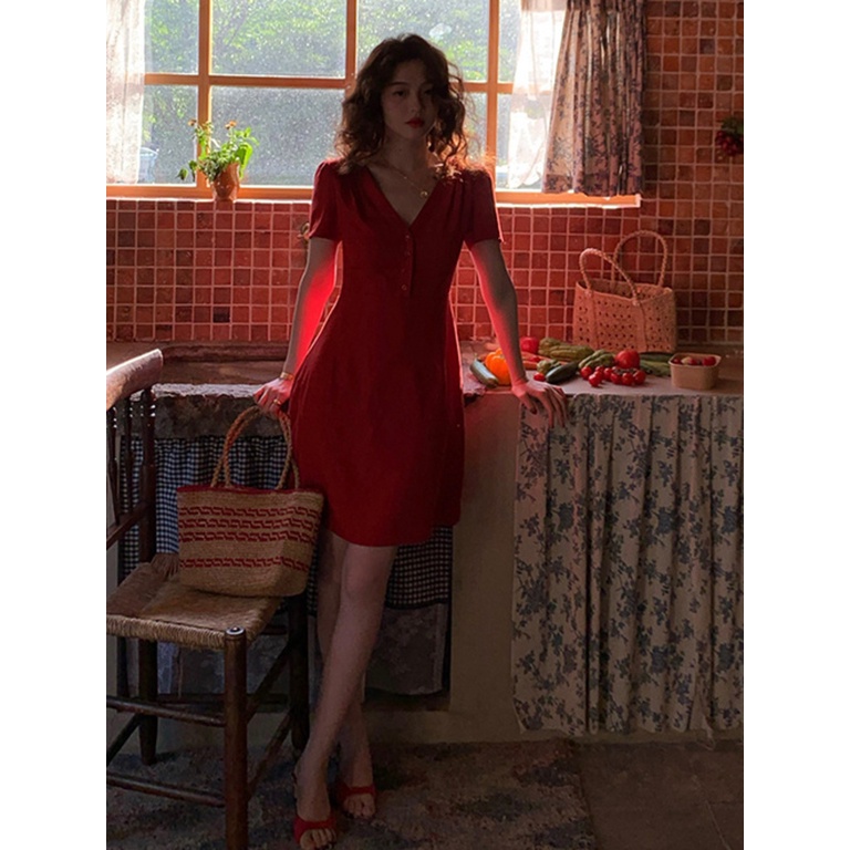Red short-sleeved v-neck dress pure desire style french feminine slim-fit slimmer look short skirt french summer