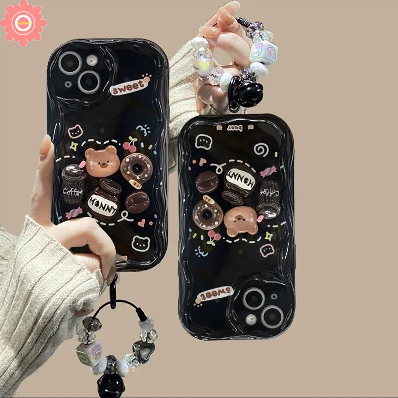 3d diy doll donut cute little bear coffee case tương thích cho iphone 7plus 11 xr x 13 11 14 12 pro max 7 8 6 6s plus xs max se 2020 vòng đeo tay sáng tạo viền cong 3d gợn sóng