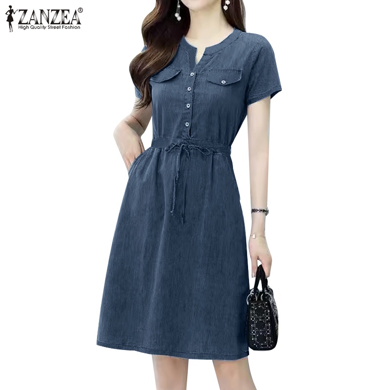 Zanzea phụ nữ hàn quốc tay ngắn v-cổ eo dây rút váy denim | BigBuy360 - bigbuy360.vn