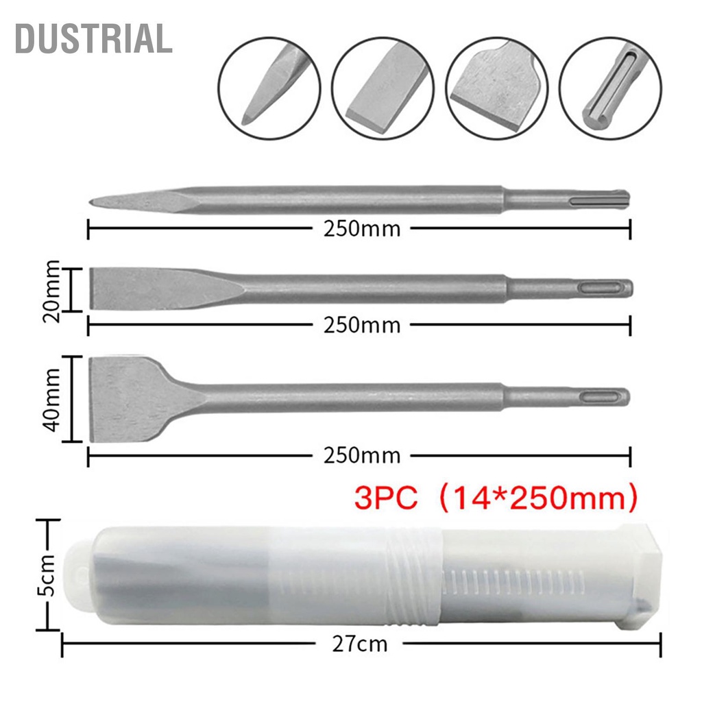 Bộ 3 đục đầu mũi tròn phẳng mở rộng thép hợp kim cho bê tông đá gạch ngói Dustrial I.