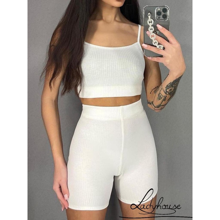 Set Đồ Mùa Hè 2 Món Gồm Áo Hai Dây Gân Gân + Quần Ngắn Eo Cao Cho Nữ Tập yoga