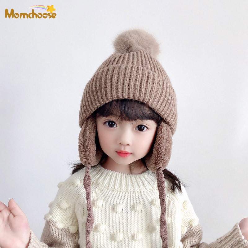 Momchoose mùa thu và mùa đông mũ trẻ em mới cho bé trai và bé gái mũ ấm cho bé mẫu len của cha mẹ-con cộng với bảo vệ tai bằng nhung dệt kim lei feng mũ