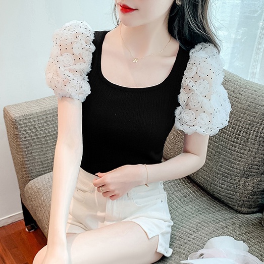 White t-shirt women 2023 phong cách mới thời trang mùa hè cổ vuông ba chiều hoa puff tay áo khâu mỏng-vừa vặn giản dị hàng đầu vqbr