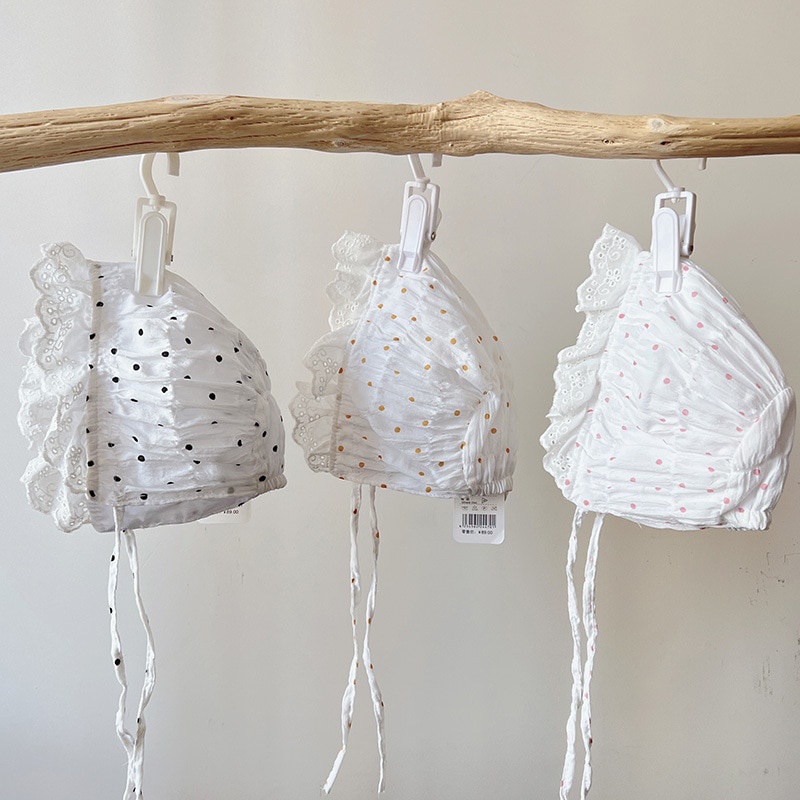 Mũ Bonnet Ren Hoa Mỏng Mềm Mại Chống Nắng Mùa Hè Có Dây Buộc Họa Tiết Chấm Bi Dễ Thương Cho Bé Gái Sơ Sinh