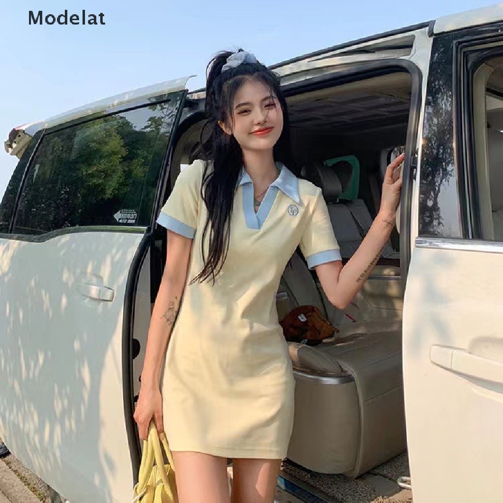 Đầm thể thao GJCUTE MFC ngắn dáng ôm cổ chữ v màu sắc tương phản thời trang mùa hè thanh lịch cho nữ