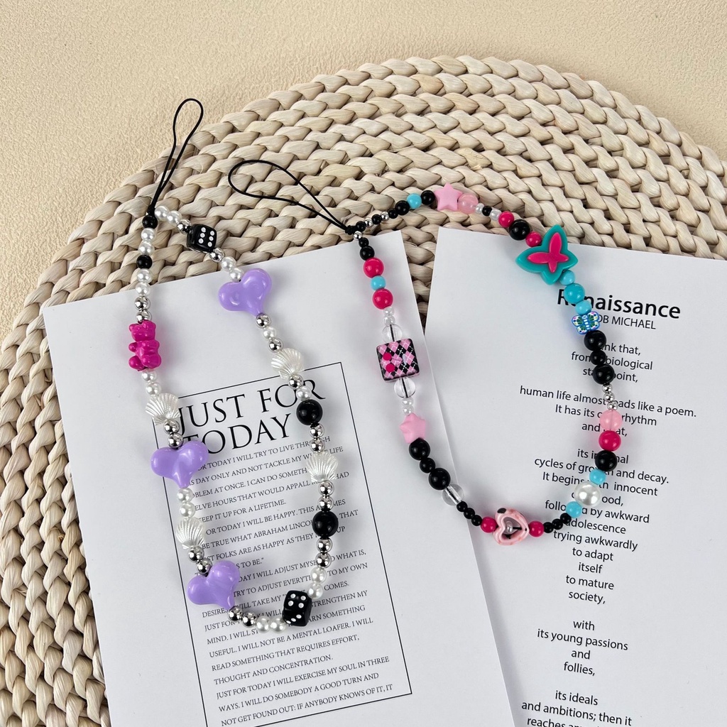 Dây Xích Acrylic In Hình Gấu / Bướm Nhiều Màu Chống Mất Kiểu Hàn Quốc Cho Điện Thoại