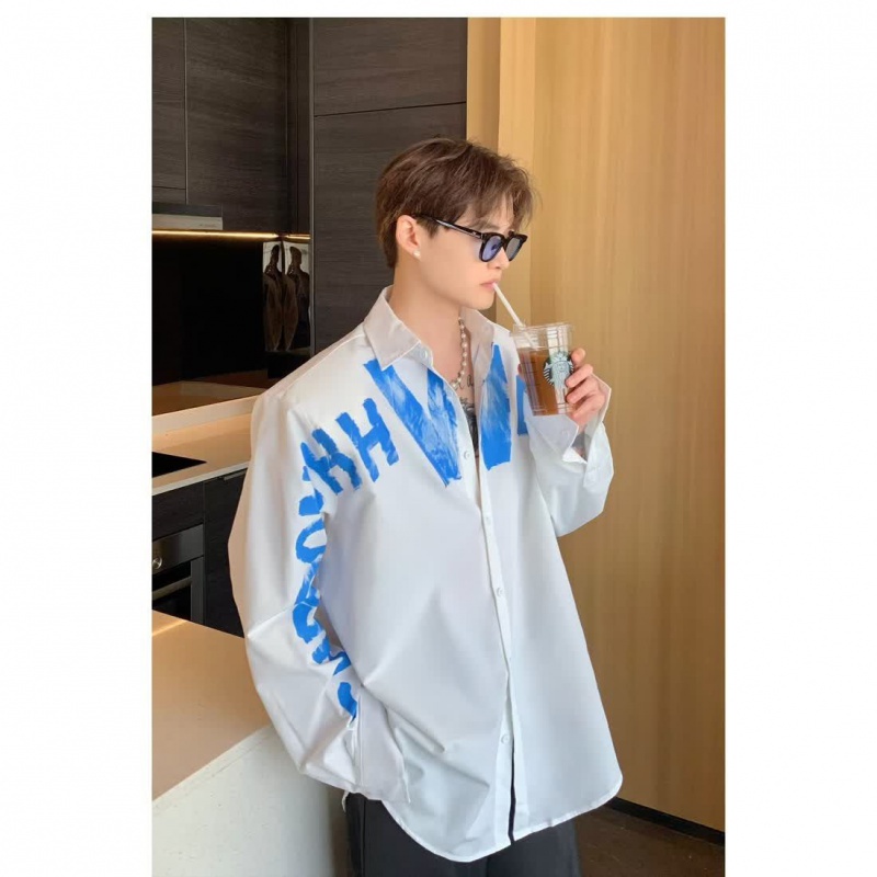 Áo Sơ Mi Tay Dài Dáng Rộng In Họa Tiết Graffiti Đường Phố Mỹ Cá Tính Cho Nam Và Nữ