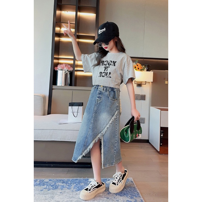 Set Áo Thun Ngắn Tay Và Chân Váy Denim Thời Trang Mùa Hè Cho Bé Gái