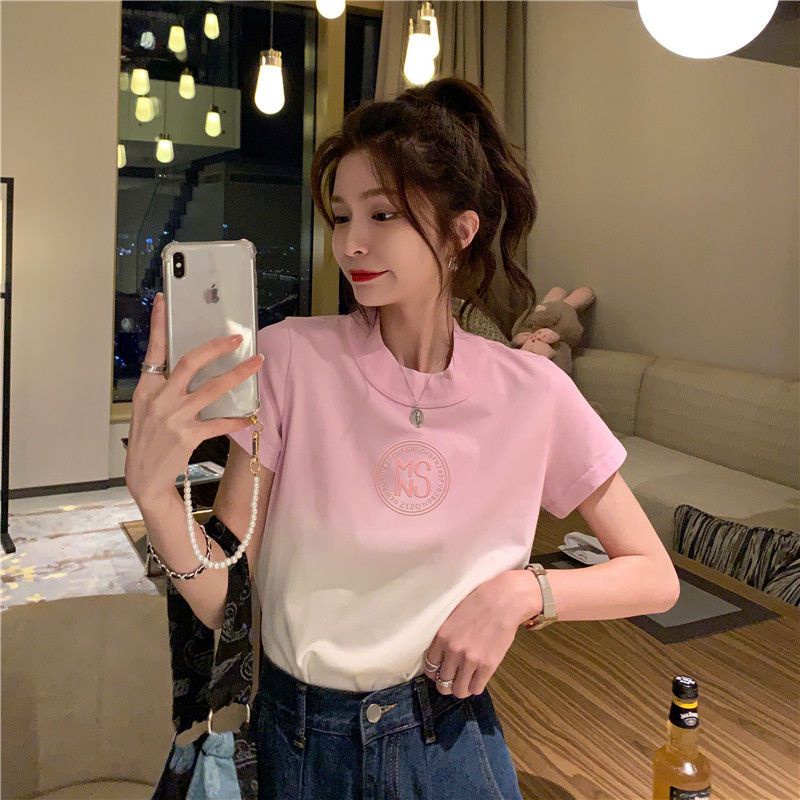 IELGY Áo Thun Ngắn Tay Nhuộm Màu gradient Phong Cách Hàn Quốc Cho Nữ