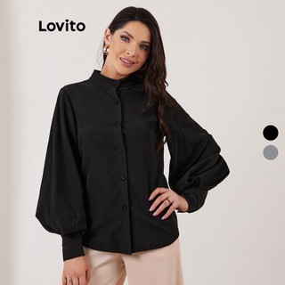 Áo kiểu LOVITO màu trơn cổ đứng tay áo phồng có hàng nút phong cách đơn giản L17X585 (Màu đen)