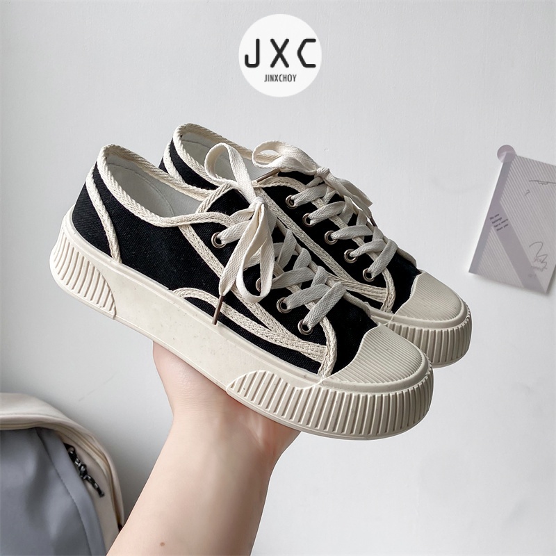 Giày Thể Thao Vải Bạt Mũi Tròn Cột Dây Phối Màu Thời Trang Ulzzang