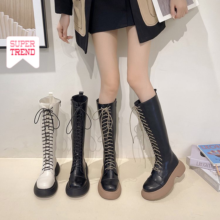 Giày Bốt Cổ Cao Mũi Tròn Cột Dây Phía Trước Buộc Dây Bên Hông Phong Cách Retro Hợp Thời Trang