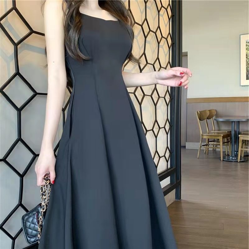Đầm Hai Dây Màu Đen Dáng Dài Thiết Kế Mỏng Xinh Xắn Thời Trang Theo Phong Cách Pháp Cho Nữ