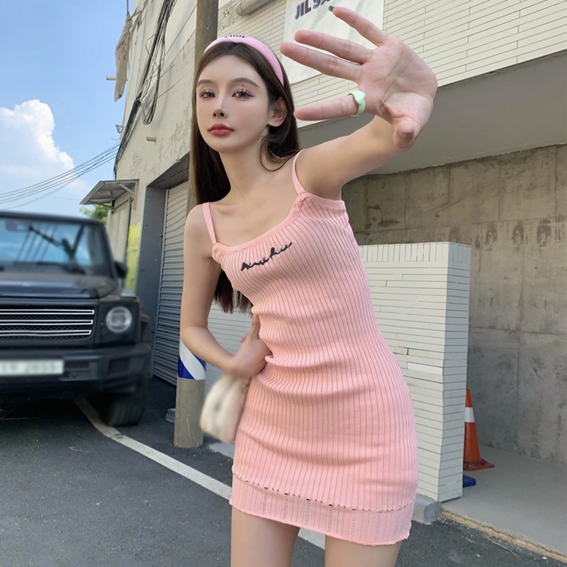 Đầm Dệt Kim Sát Nách Thêu Chữ Kiểu Hàn Quốc Xinh Xắn Cho Nữ