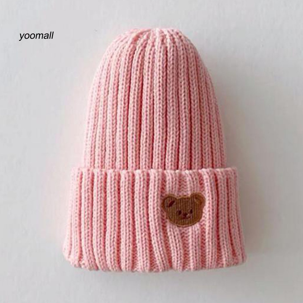 Mũ beanie Dệt Kim Siêu Mềm Co Giãn Màu Trơn Thêu Hình Gấu Hoạt Hình Bảo Vệ Tai Cho Bé Trai / Bé Gái