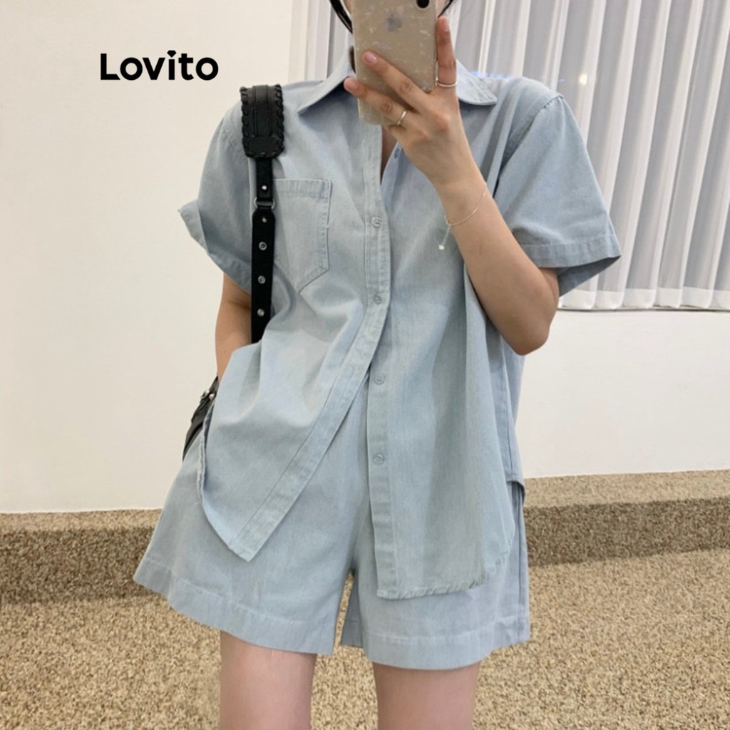 Lovito Bộ quần áo trơn cài nút phía trước Túi phía trước cổ áo tay ngắn quần short eo vừa dành cho nữ LNE05065 (Xanh nhạt)