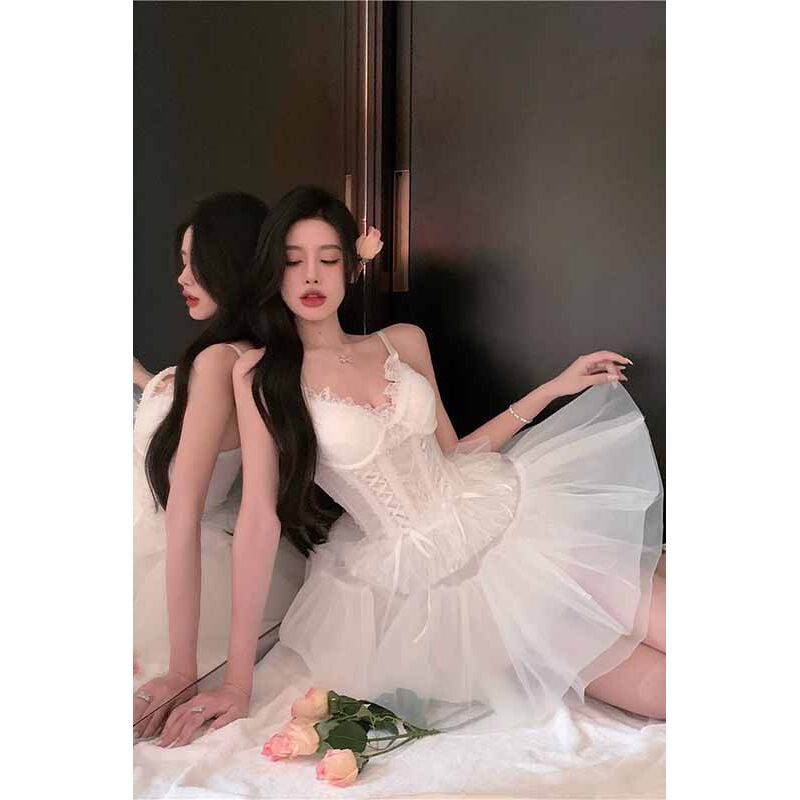 Set Áo Hai Dây + Chân Váy Lưới Màu Trắng Thiết Kế Mới Thời Trang Mùa Hè 2023 Theo Phong Cách Hàn Quốc