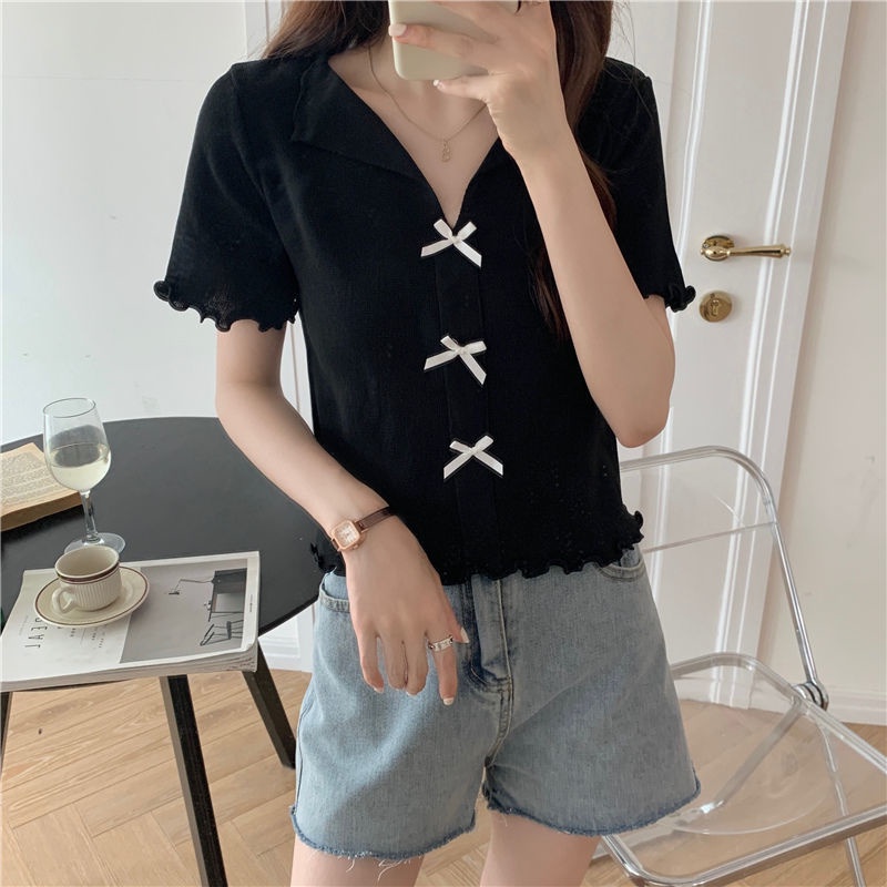 Jiashucheng Áo Thun Tay Ngắn Cổ Chữ v Vải Lụa Lạnh Mỏng Thời Trang Mùa Hè 2023 Phong Cách Mới Cho Nữ