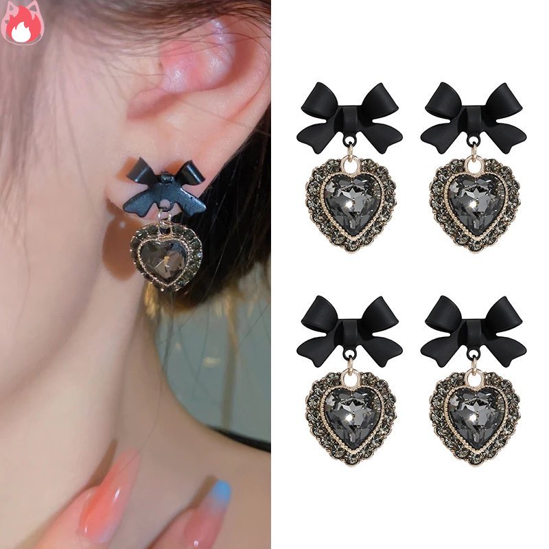 Bông Tai Dáng Dài Hình Trái Tim Nơ Màu Đen Thời Trang Cho Nữ