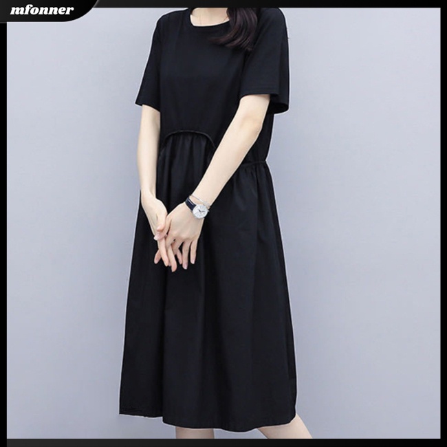 Đầm Chữ A Tay Ngắn Cổ Tròn Màu Sắc Đơn Giản Thanh Lịch Dành Cho Nữ