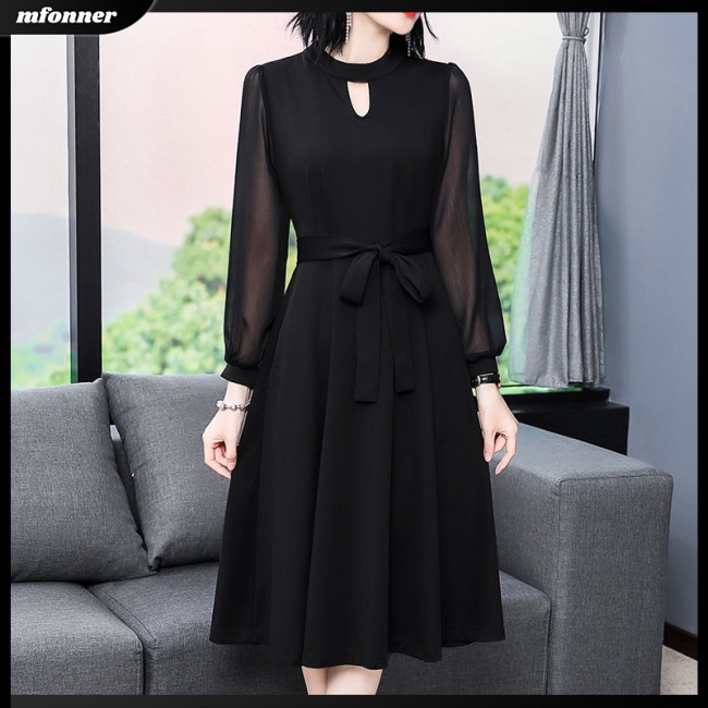 Đầm Chữ A Dài Tay Cổ Tròn Màu Trơn Thiết Kế Mỏng Xinh Xắn Thời Trang Dành Cho Nữ