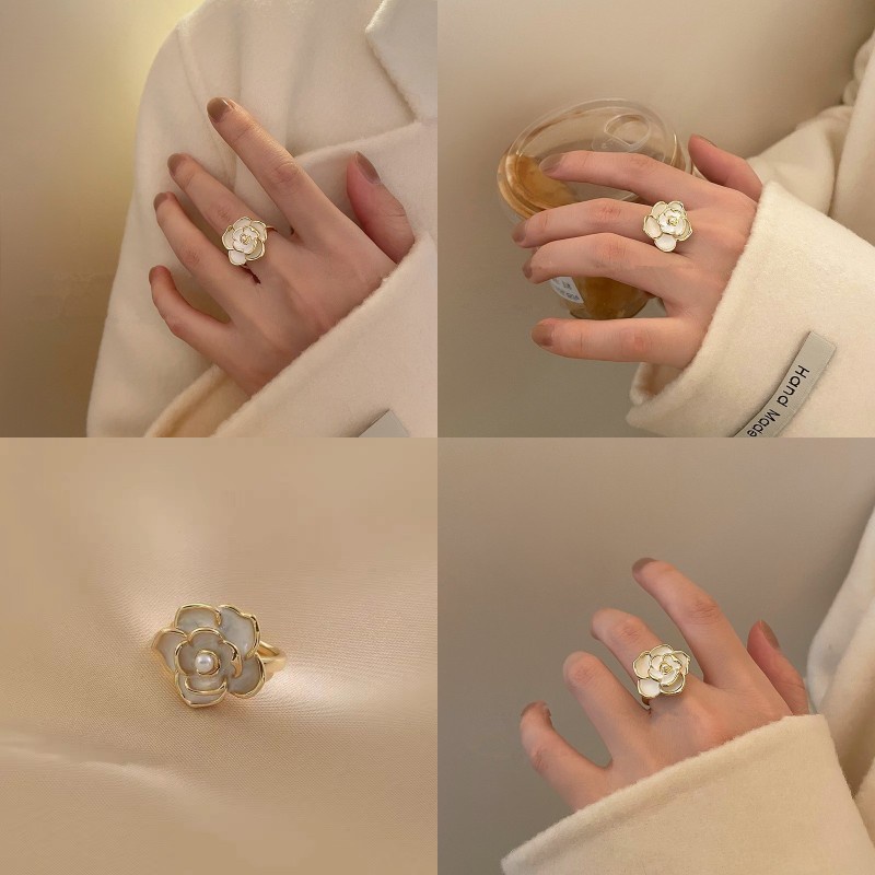 Nhẫn Hở Khắc Hình Hoa Trà Phong Cách Pháp Cổ Điển Thanh Lịch Có Thể Điều Chỉnh Cho Nữ