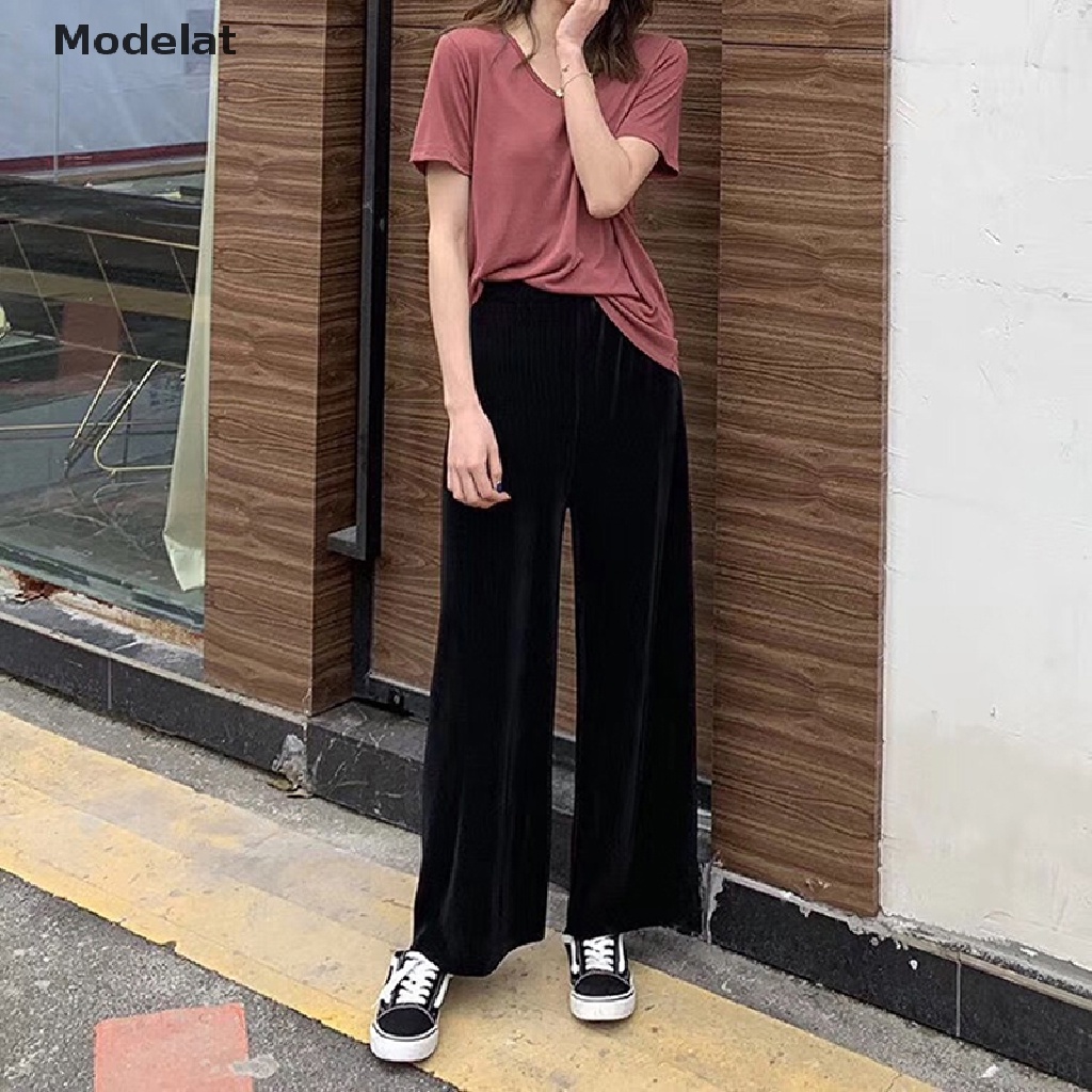 Mfc Quần Dài Ống Rộng Lưng Cao Co Giãn Màu Trơn Thời Trang