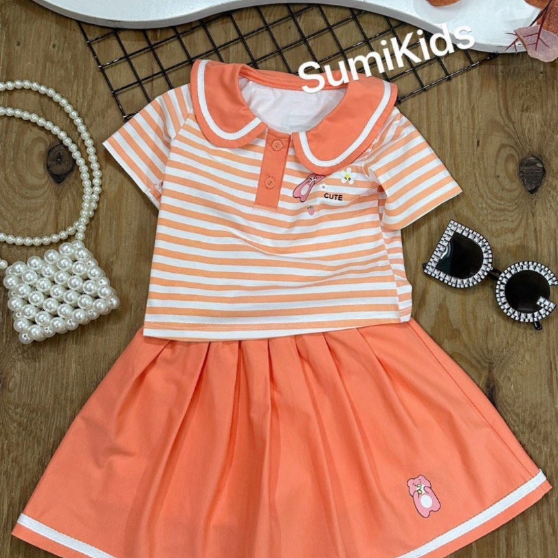 Sumikids. Sét váy thun bé gái hồng áo sọc