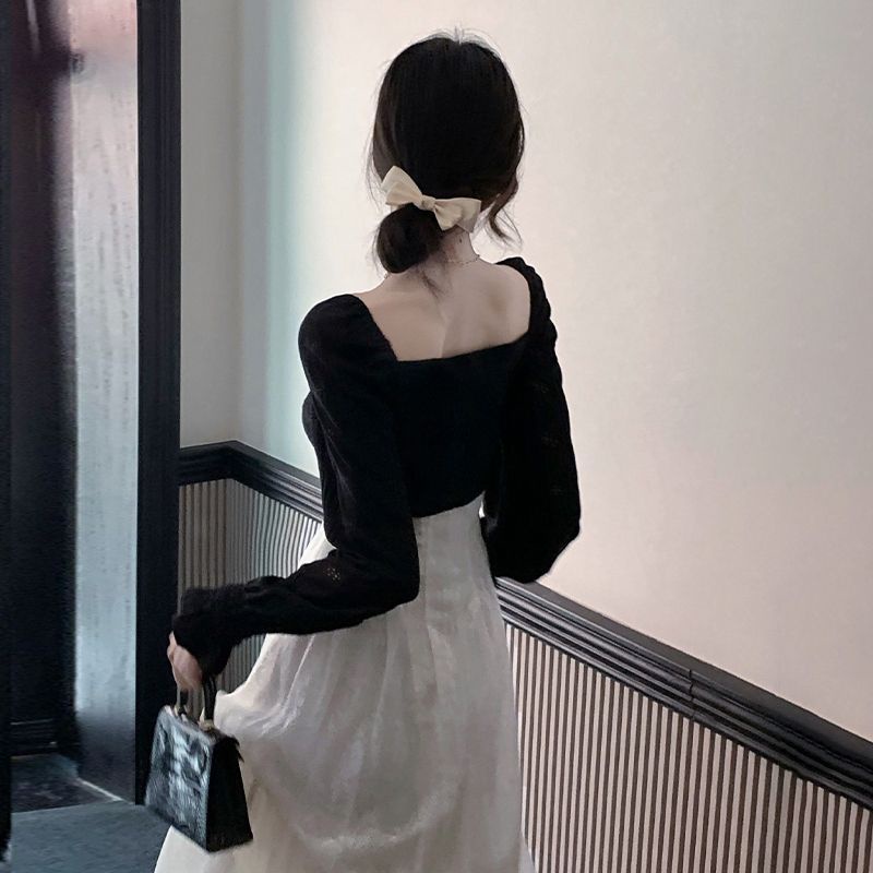 [F &amp; X] Đầm Ren Tay Dài Phong Cách Hepburn Cao Cấp Mùa Thu Sang Trọng Phong Cách Pháp Cổ Điển Cho Nữ