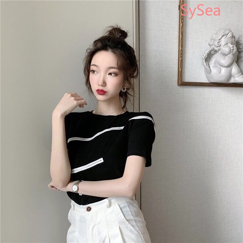 Áo Kiểu Trễ Vai Phối Khóa Kéo Phong Cách Hàn Quốc Quyến Rũ Cho Nữ