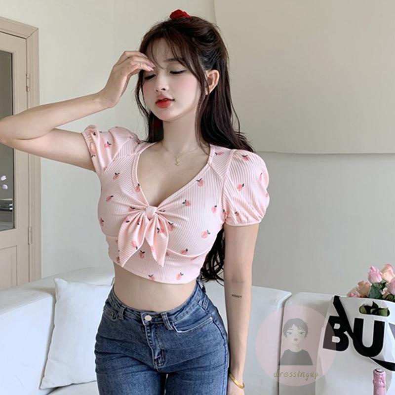 Áo Thun Tay Ngắn Cổ Chữ V Thắt Nơ In Hình Quả Đào Thời Trang Mùa Hè Cho Nữ